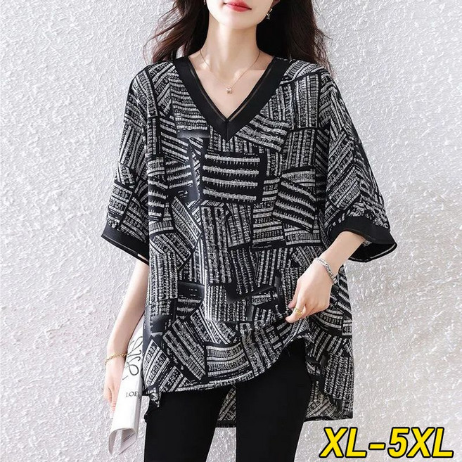 WEIHAN 빅사이즈 여성 블라우스 루즈핏 고급스러움 프린트 쉬폰 반팔티 오버핏 미디움 상의