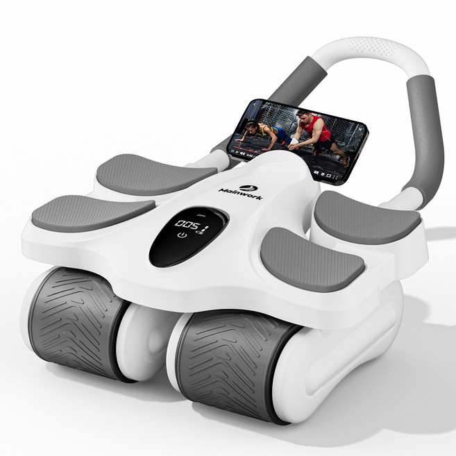 Mainwork 리바운드 무소음 AB 슬라이드 롤 아웃 복근 코어 강화 ab 파워휠 롤러 홈트 운동기구 + 프리미엄 무릎패드, 화이트