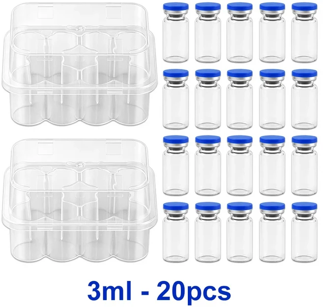 3/5/7/10ml 유리 주사병 주사용 고무 마개로 밀봉된 두꺼운 멸균 빈 유리병고무 마개로 밀봉된 캡 포함, [03] 3ml 20PCS Set