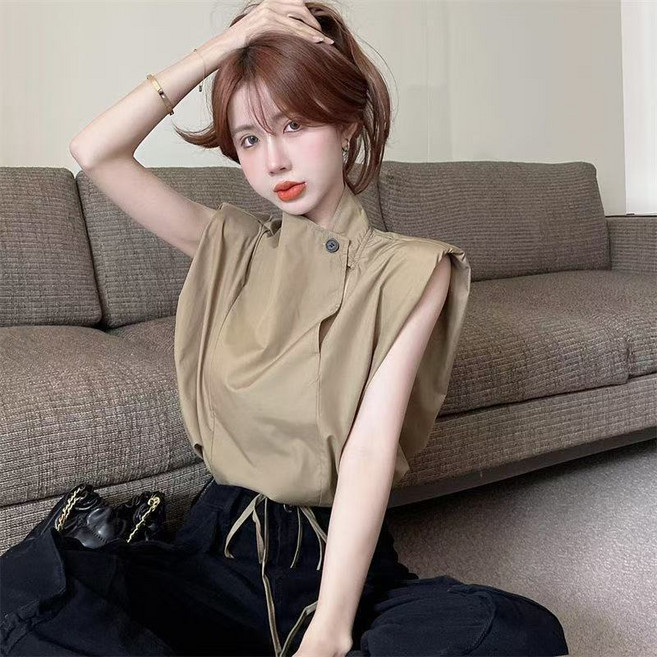 設計感無袖立領斜扣抽繩短款襯衫女, 1個, 圖片色M