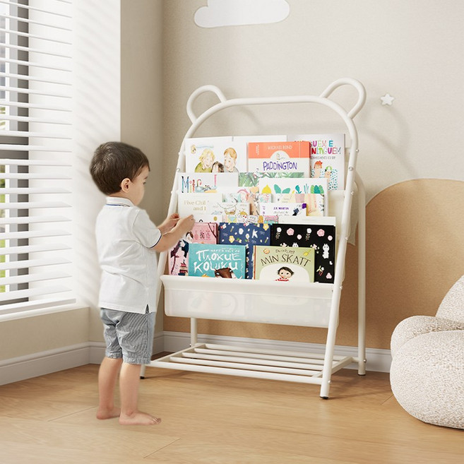 Pineha 아기책장 아이방 인테리어 전면 진열형 안전한 라운드 마감 수납형, 4단, 화이트