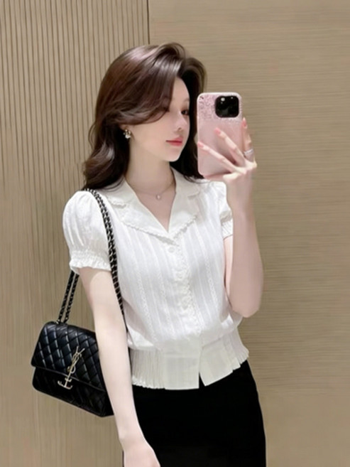 法式白色V領短袖襯衫女 夏季設計感花邊短款襯衣