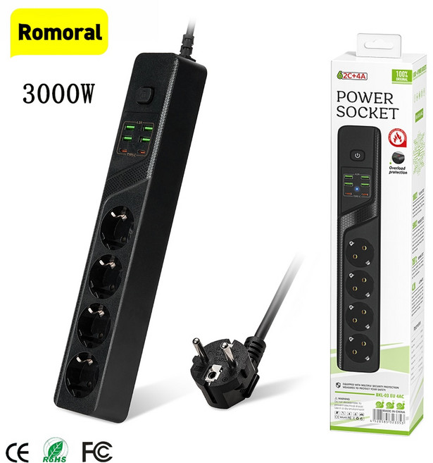휴대용 유럽 플러그 충전기 멀티라이저 확장 소켓 3000W 6 USB 전원 스트립 C타입 EU 4AC 콘센트 2M 케이블
