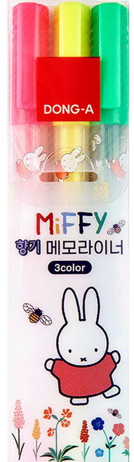 동아 미피 메모라이너 형광펜 3색 / 부드러운 필기감 / 선명한 색상 / 뛰어난 밀폐성 / 향기 형광펜 / 상큼한 향 / 3가지의 밝은 컬러