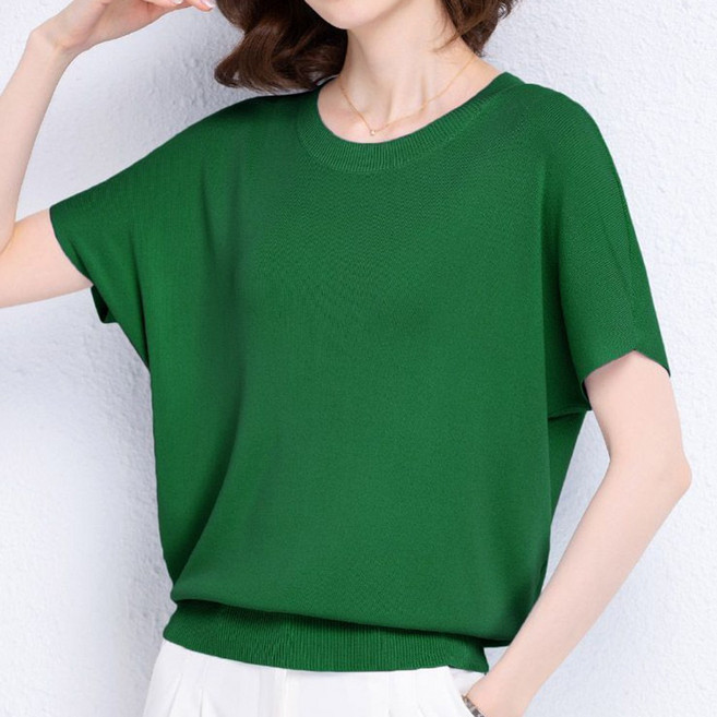 ROYALBELLE 여성 라운드넥 루즈핏 빅사이즈 가오리 소매 캐주얼 데일리 반팔 니트 티셔츠 V01020109