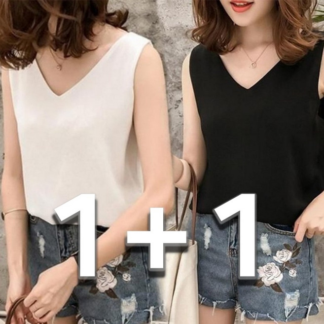 아이엠몽 여성 브이넥 루즈핏 나시 빅사이즈 스트랩 포인트