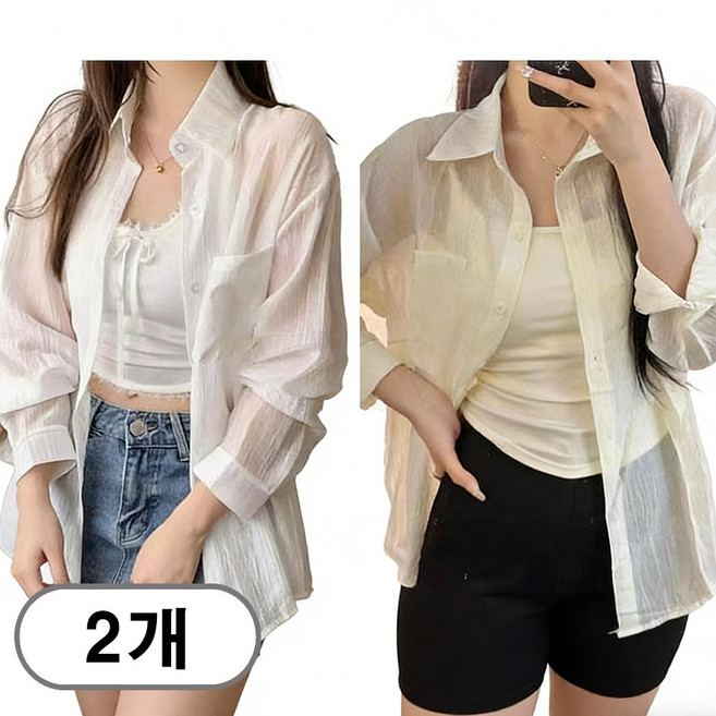 차쿠 1+1 여성 거즈 셔츠 오버핏 거즈 긴발 셔츠 거즈면 루즈핏 시스루 빅사이즈 긴팔 남방 상의