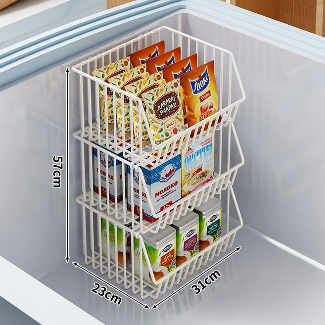 冰櫃內部置物架可疊加隔層架子冰箱多層分隔框吊籃食品收納筐, 1個, 白色三層中號