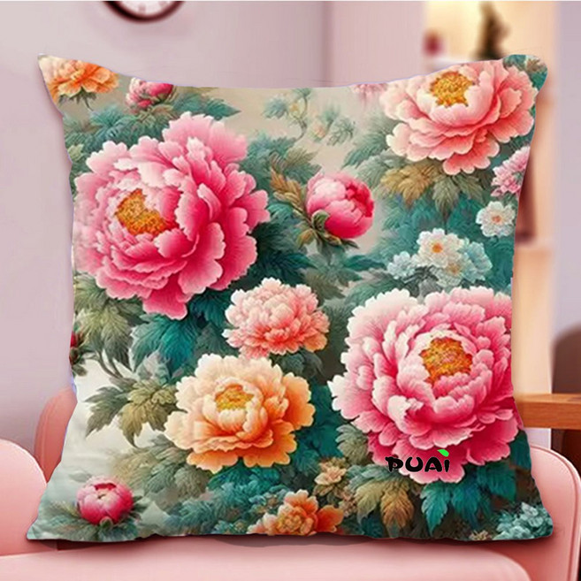 푸아이 실십자수 세트 부귀화 모란 4종 자수 쿠션(솜포함) 프린트도안패키지 45x45cm, NO.2 고급면사(솜포함), 1개