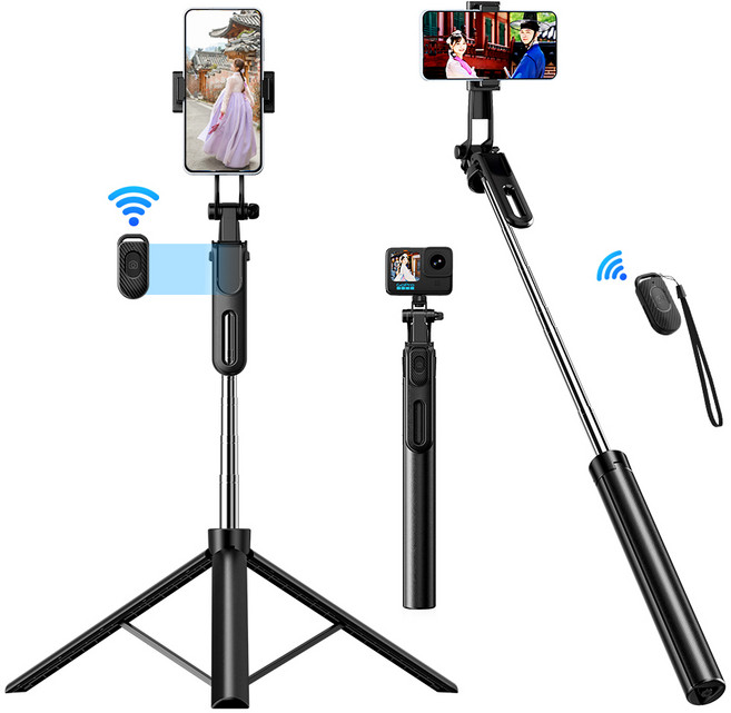 Coowin쿠윈 3in1 미니 블루투스 셀카봉 스마트폰/액션캠/카메라/고프로 호환 짐벌 삼각대+무선 리모컨, 블랙, 1개, Z01