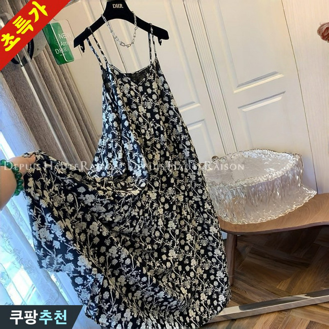 DEARHUA 여성 플라워 프린팅 휴가룩 시원한 끈 나시 롱 원피스 여름 빅사이즈 4xl 검정 민소매 꽃무늬 프린트 해변 비치 바캉스룩 휴양지 뷔스티에 어깨끈조절 드레스 원피스