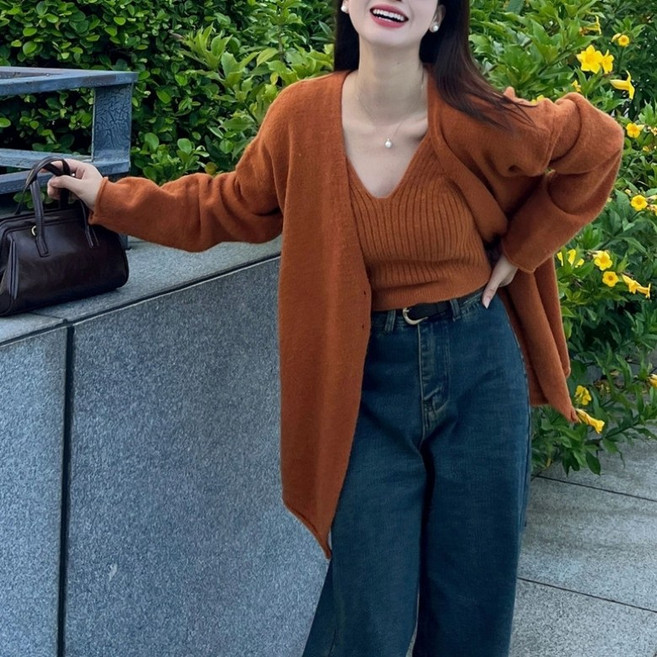 아이엠몽 여성용 헤시온 브이넥 가디건 골지 니트 투피스