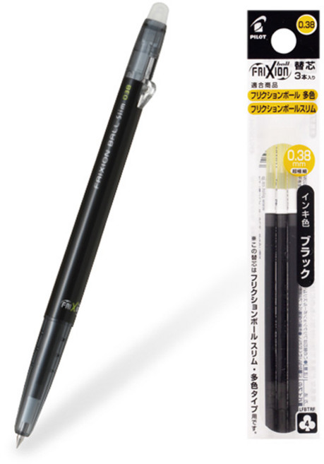 파이롯트 프릭션 지워지는 볼펜1개+리필3개 /0.38mm 0.5mm 0.7mm, 슬림 0.38mm 블랙 볼펜1개+리필3개, 1세트