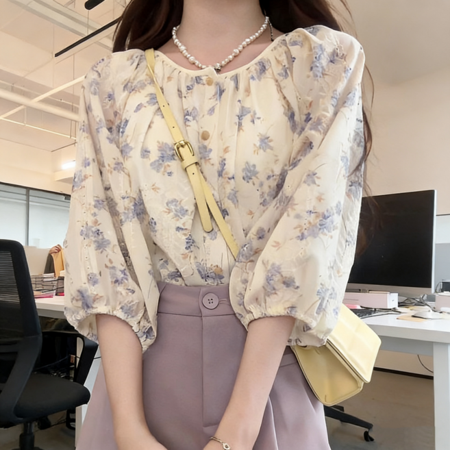 루스리더 여성 프린트 퍼프소매 쉬폰 출근룩 프리미엄 블라우스 ES83