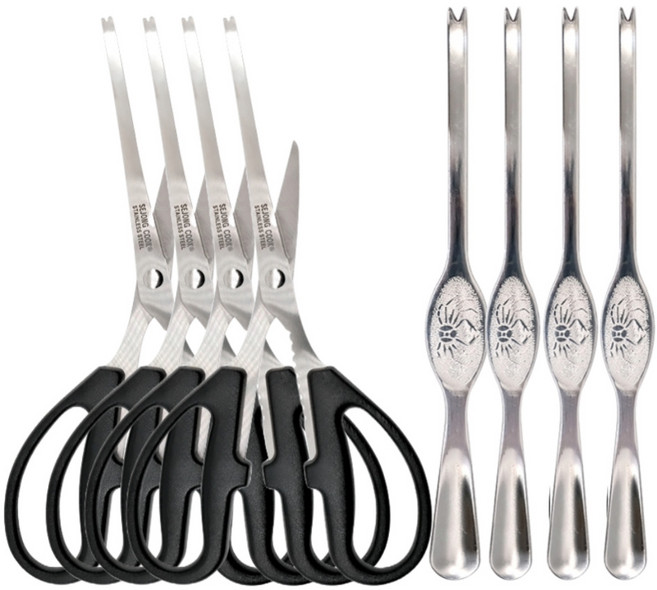 도도이츠 대게 가위 포크 세트 게 가위 꽃게 게살 킹크랩 랍스터 가위 포크 세트, 4세트