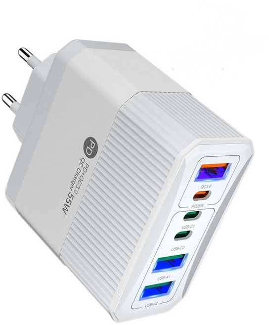 55W 접지 초고속 충전기 6포트 2TYPE-C+2USB+PD+QC 적용애플 아이폰 아이패드 삼성 갤럭시 픽셀 고속 전원 어댑터SJCDBK, 1개, 화이트BK308