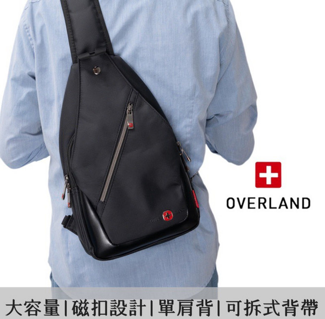 OVERLAND 耐磨單肩胸包 大容量 磁扣設計, 黑色-3158, 黑色