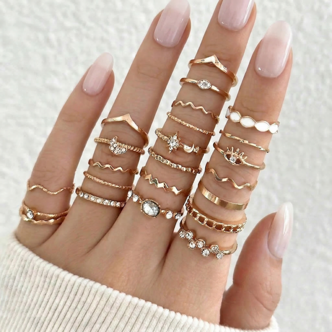 [23종 세트] 포포제니 큐빅 아이즈 레이어드 반지 세트