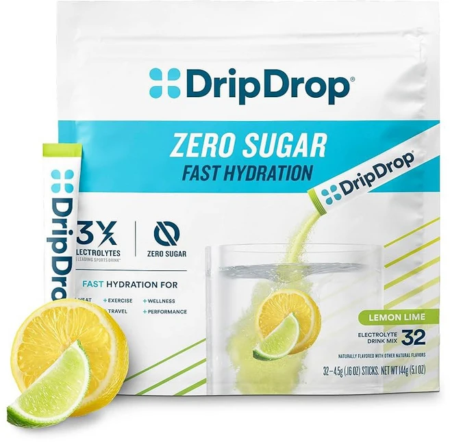 드립드롭 무설탕 수분 공급 패킷 - 제로 클래식 버라이어티 팩 1회용 전해질 분말 음료 믹스 레몬 라임 수박 복숭아 패션 프루트 비 GMO 글루텐 프리 비건 32 스틱, Lemon Lime, 32 Count, 144g - 쿠팡