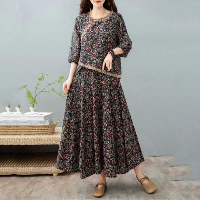 ORZQU 중년 여성 면 마 세트 봄여름 개량한복 프린트 셔츠 + 하이웨스트 스커트 상하투피스