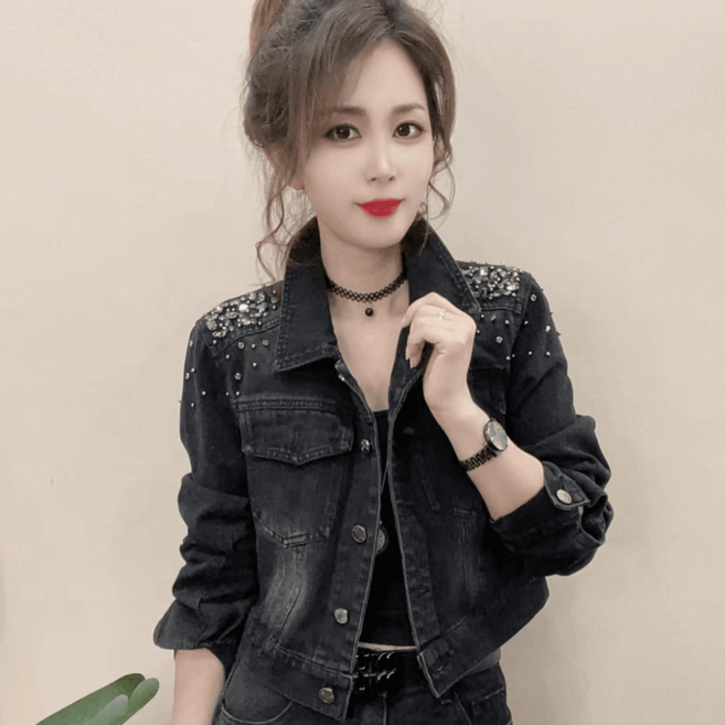 jieve 여성 레트로 스타일 진 자켓 스터드 스팽글 장식 봄가을용 짧은 재킷 SG091845