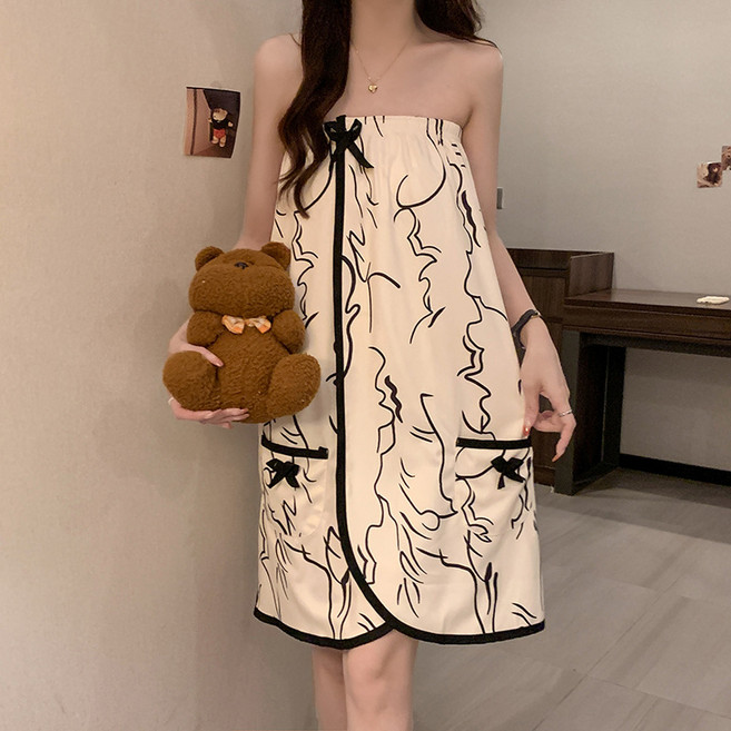 여성용 여름 얇은 수면 원피스 부드러운 샤워 목욕 가운, 1개, 크림 리본