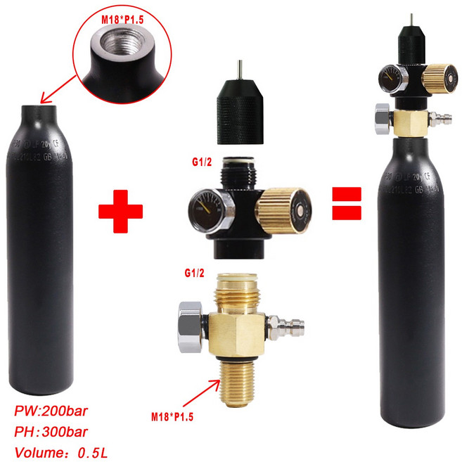 OBKEY 0.38L 0.5L 탱크밸브 조절기 출력 0-5000psi CO2 리필 페인트볼 HPA PCP 공기총 소방 스쿠버다이빙, 0.5L 전체 세트 M18