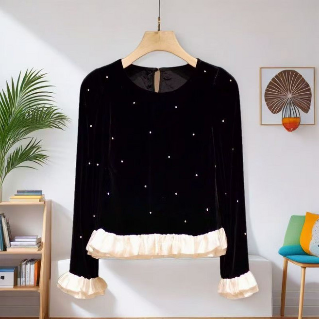 SELEAD 여성 우아한 프릴넥 루즈핏 티셔츠 트렌디 컴포트 벨벳 긴팔티 가을 겨울 벨벳 프릴 블라우스 오피스룩 데이트 캐주얼