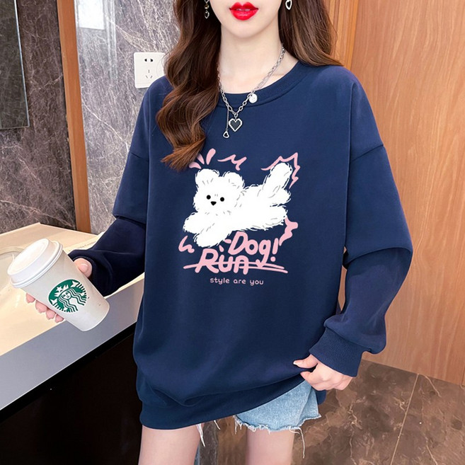 스타일아유 강아지 프린트 캐주얼 맨투맨 여성용 오버핏 편안한 긴팔 티셔츠 봄 가을 데일리룩 TS3060