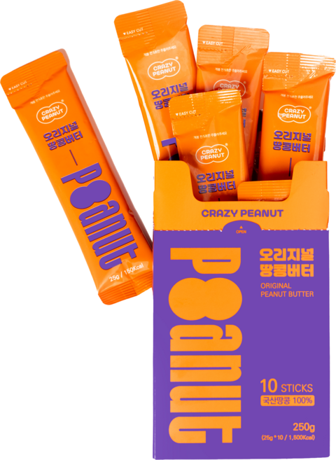 크레이지피넛 100프로 국산 짜먹는 땅콩버터 소포장 개별포장 스틱, 25g, 10개