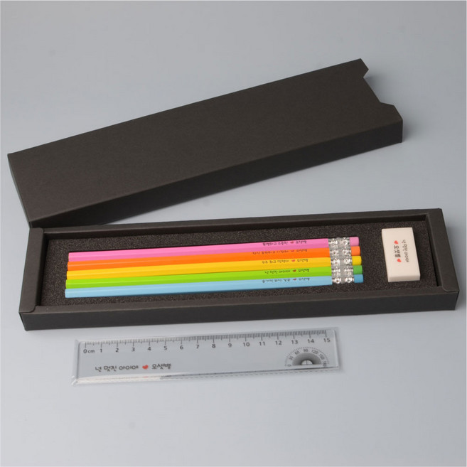 각인 2B 네임연필 문구세트 연필 5자루 국산지우개 15CM 투명 자 이름 인쇄 위클래스 행사선물 소량 주문제작, 원하는 문구, 검정케이스