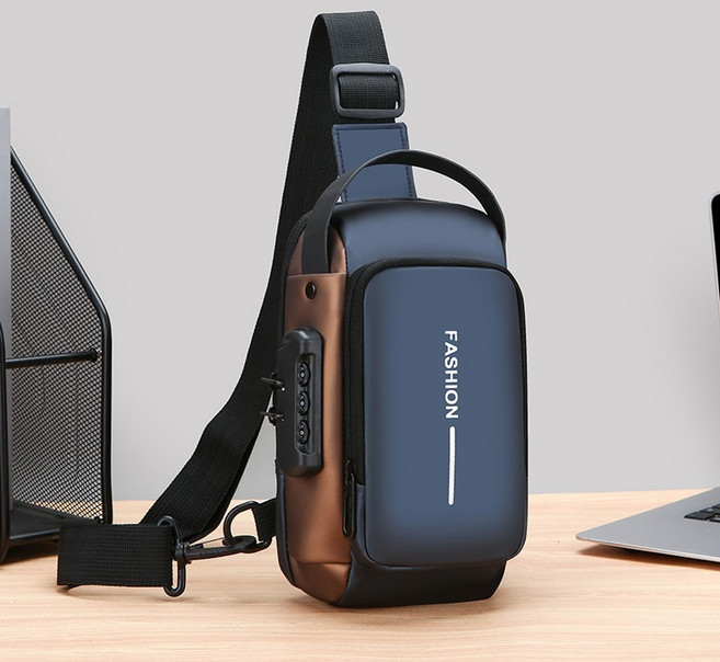 多功能密碼鎖斜挎包 大容量胸包 男士時尚單肩包, 藍配金
