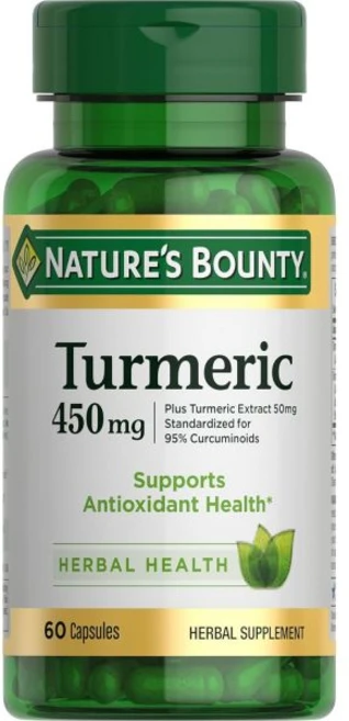 Natures Bounty 네이처스 바운티 강황 캡슐 식물성 항산화제가 함유된 허브 보충제 450mg 60정, 1개 - 쿠팡