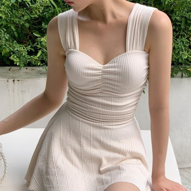 [Bahn 3컬러] 엘린 셔링 시스루백 유교걸 수영복 모노키니, 아이보리