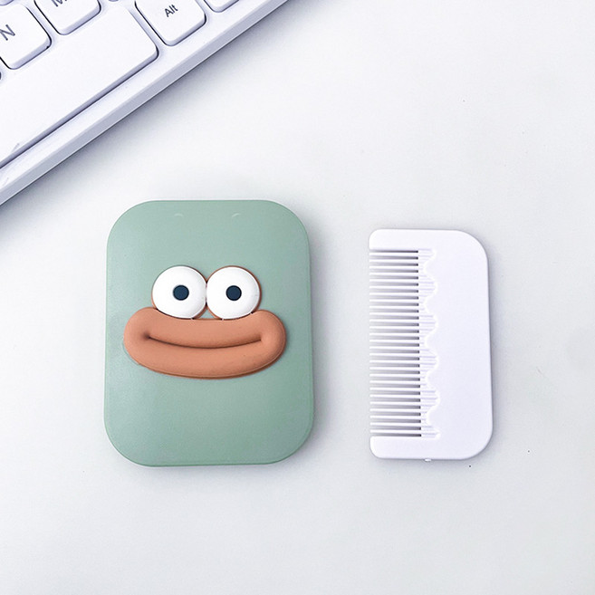 일호장신구 휴대용 플립 눈 입 거울 빗 귀여운 포인트 미니 미러 헤어 뷰티 소품, 1개, 그린