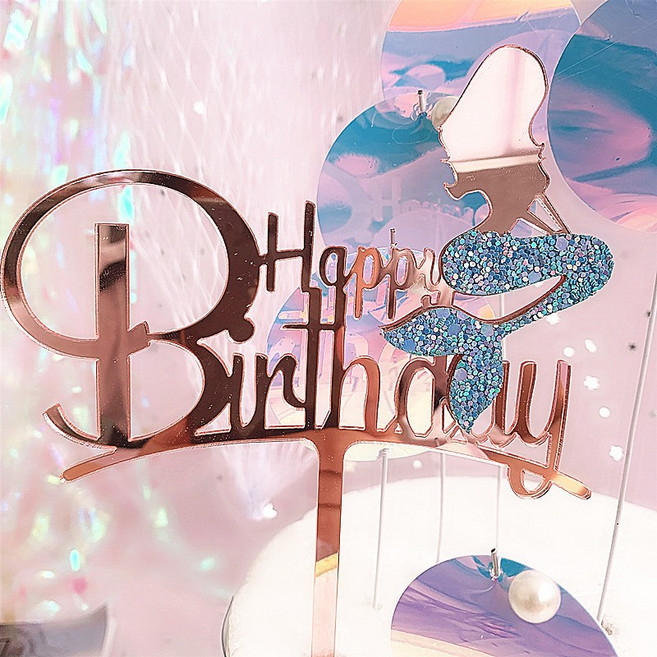 Mermaid 生日快樂 蛋糕裝飾, HB+美人魚蛋糕插牌-玫瑰金+閃藍魚尾, 1個
