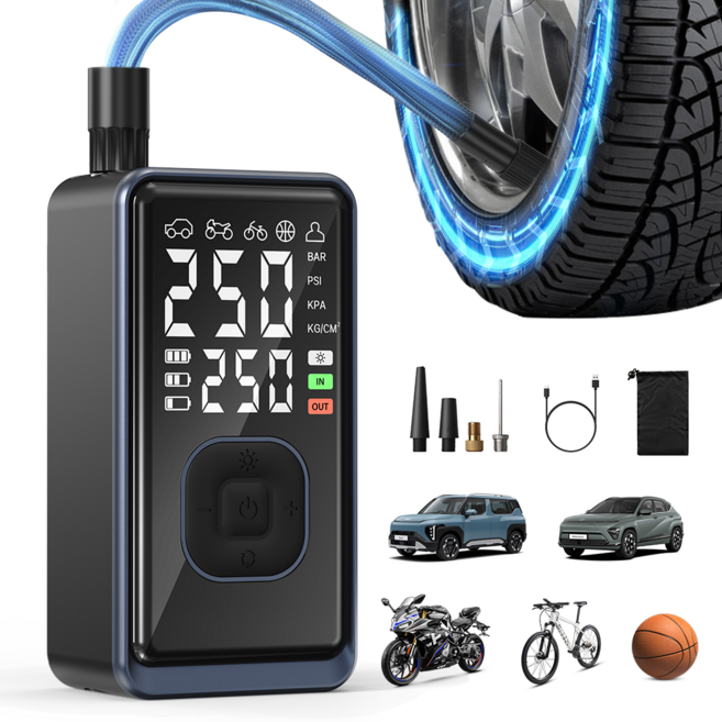 ACMEZING 무선 휴대용 타이어 공기압주입기 전동 에어펌프 보조배터리 LED 비상등 A11, 블랙, 1개