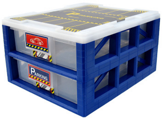 LIHUA 迷你停車場收納箱 兒童玩具收納盒 雙層抽屜式停車場景玩具, 深藍, 1個