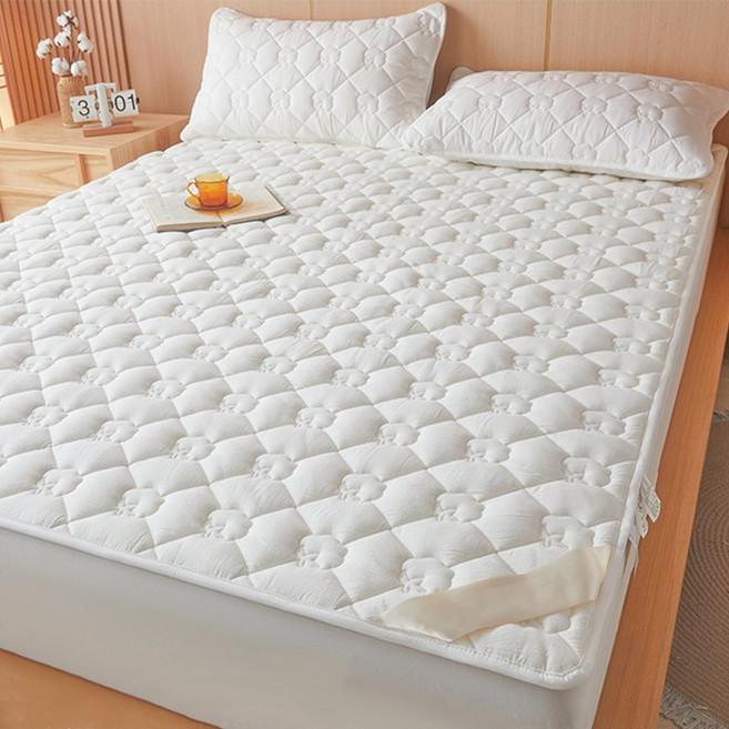 Pogeuni 사계절 누빔 면 충전 침대패드 고정밴딩 매트리스패드, 화이트