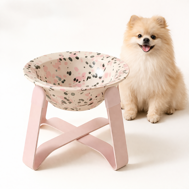블루콤마 강아지 도자기 식기 고양이 밥그릇 스탠드 미끄럼방지, 1개, 핑크