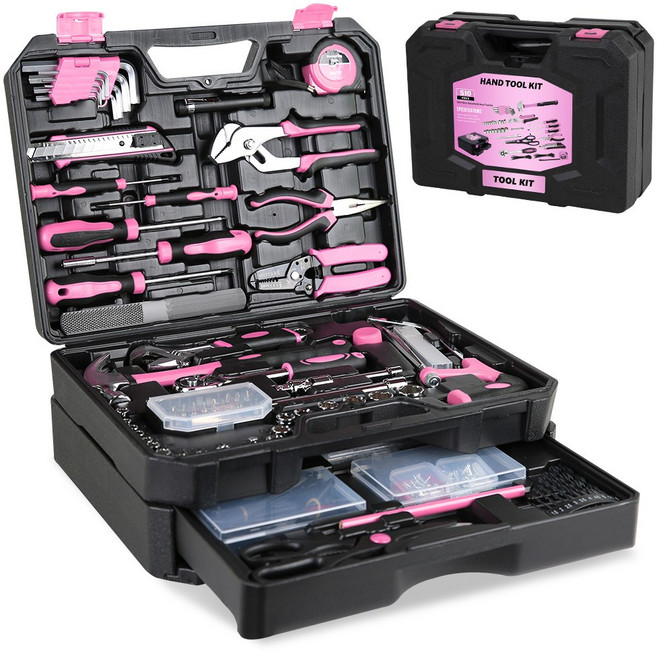 가정용 포터블 공구세트 소형 다용도 수리 공구박스 세트 만능 수공구함 박스 다중규격 서랍이 있어 수납이 용이하며, 1개, 510PCS-분홍색