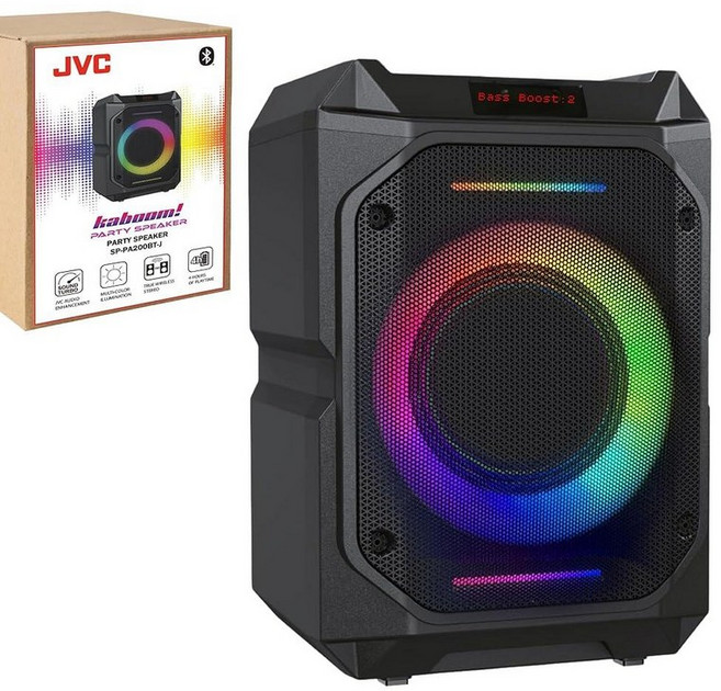JVC SP-PA200BT 블루투스 파티 스피커 — 16.5cm(6.5인치) 우퍼 및 듀얼 2.5cm(1인치) 트위터 45W 사운드 터보 LED 음악 조명 4시간 배터리, SPPA200BT