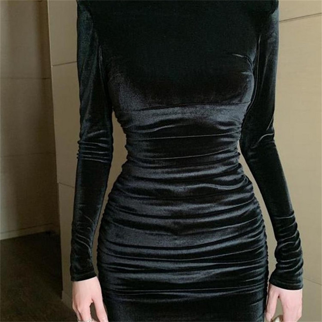 Vezri 여성 긴팔 벨벳 원피스 고급스러운 하이넥 슬림 핏 셔링 디자인 파티 드레스