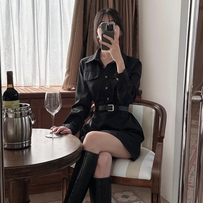 클래식 카라 셔츠 트렌치 미니원피스+벨트 SET