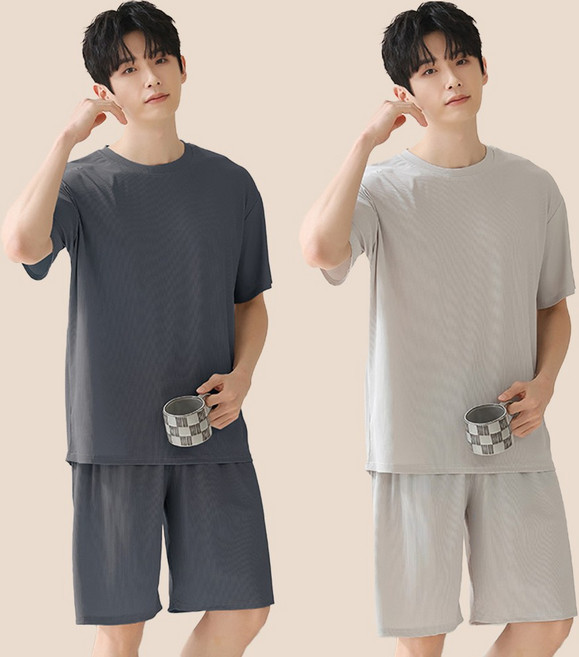 큰귀멍멍 1+1 남성 링클 쿨 반팔 반바지 여름 파자마 세트 냉감 홈웨어