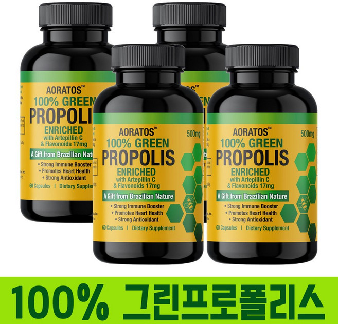 브라질 그린 프로폴리스 100% 가루 캡슐 2+2 브라질산 플라보노이드 녹색 초록 효능 추천 직구, 4개, 60캡슐, 120회분