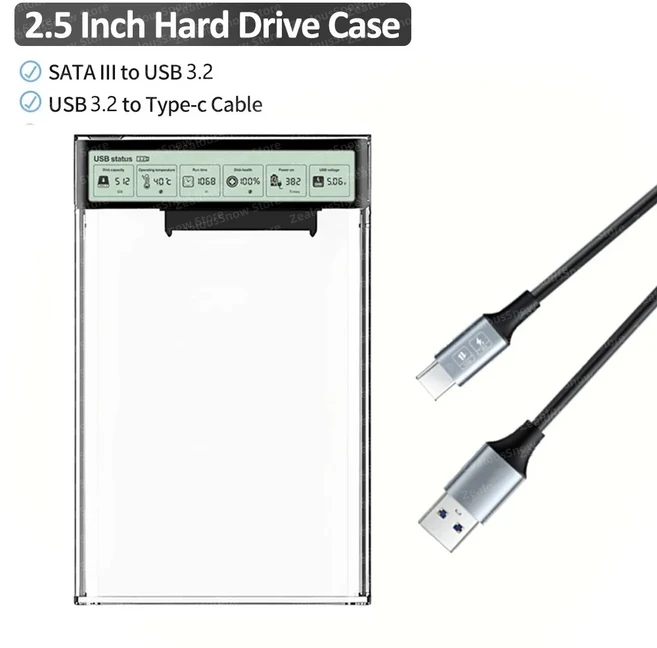 스마트 디스플레이 25인치 HDD SSD 케이스 USB32 Gen2 투명 외장 인클로저 5Gbps 하드 드라이브 휴대용 스, 01 China Mainland, 01 LCD Display Case