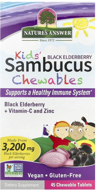 Nature's Answer 어린이용 삼부커스 츄어블 정 블랙 엘더베리 비타민C 및 아연 함유 45정, NaturesAnswer어린이용삼부커스츄어블정블랙엘더베, 1개 - 쿠팡