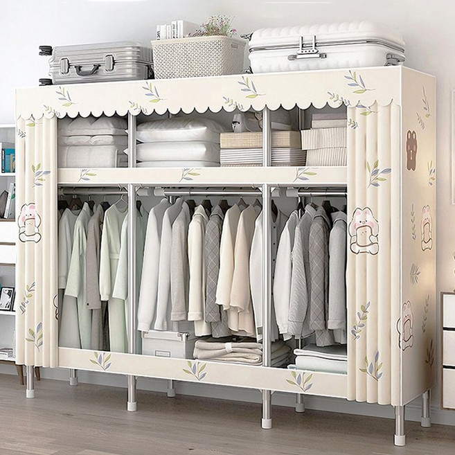 [시스슈] 26mm 굵게 보강된 강관 조립식 옷장 - 침실 가정 임대방용 간이 천 커버 옷장, 베이지색