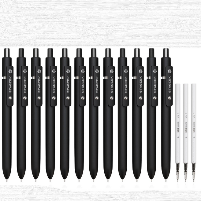 국내발송[본품+리필3개] STAGEEK 스테이지크 젤펜 볼펜 0.7mm 미국 스타긱, 1개, 올블랙[본품12개+리필3개]